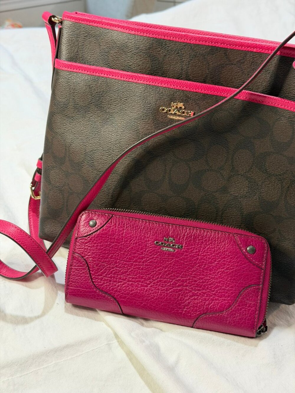 Coach Signature Brown & Pink Crossbody Bag + Matching Wallet Set